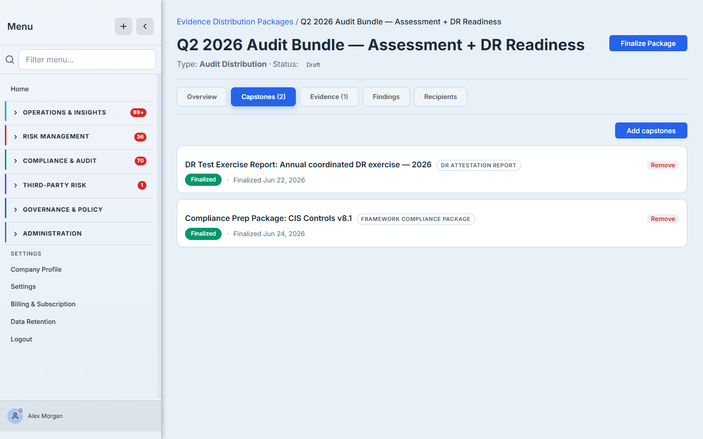 The Capstones tab after adding both — the CIS framework-readiness package and the DR-test attestation listed together in one package, each with its type badge, status, and finalized date, with a Remove control while the package is still a draft.