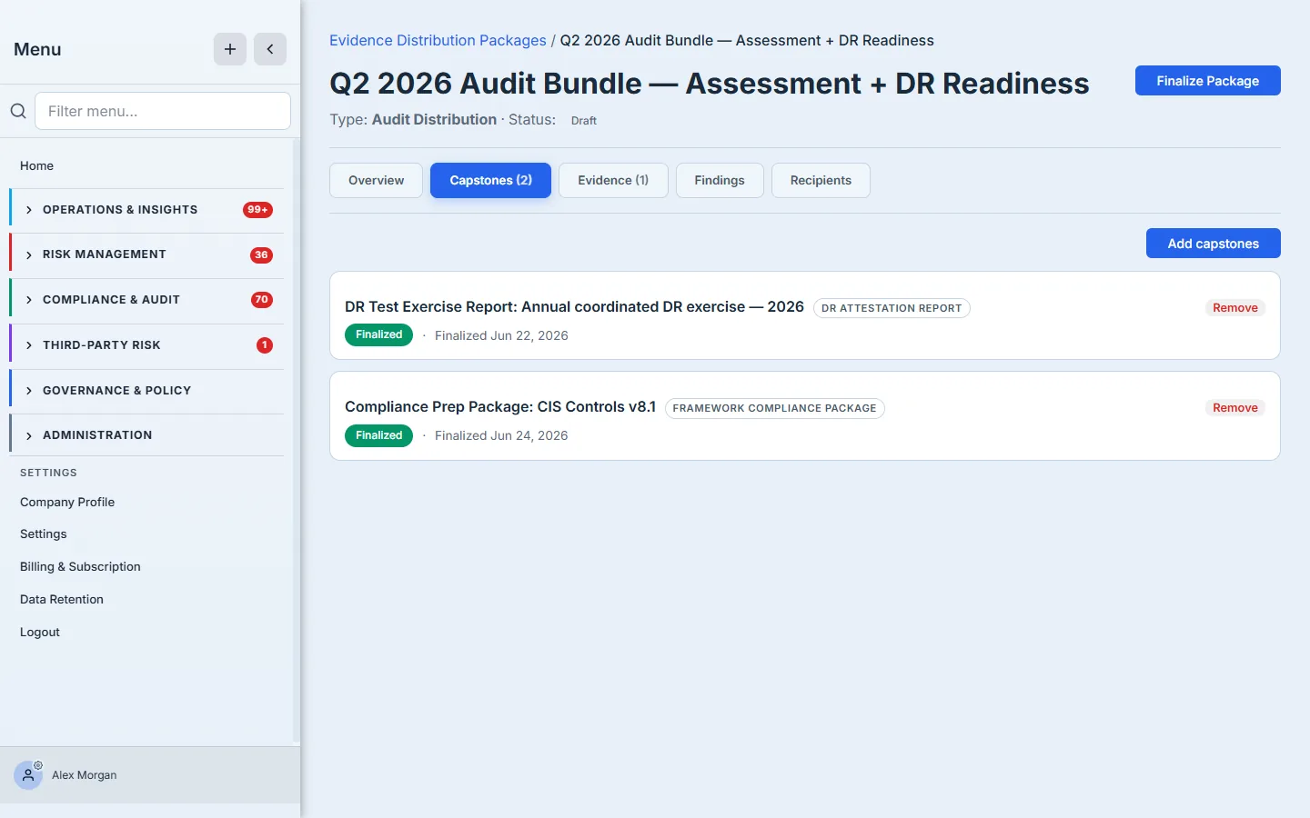 The Capstones tab after adding both — the CIS framework-readiness package and the DR-test attestation listed together in one package, each with its type badge, status, and finalized date, with a Remove control while the package is still a draft.
