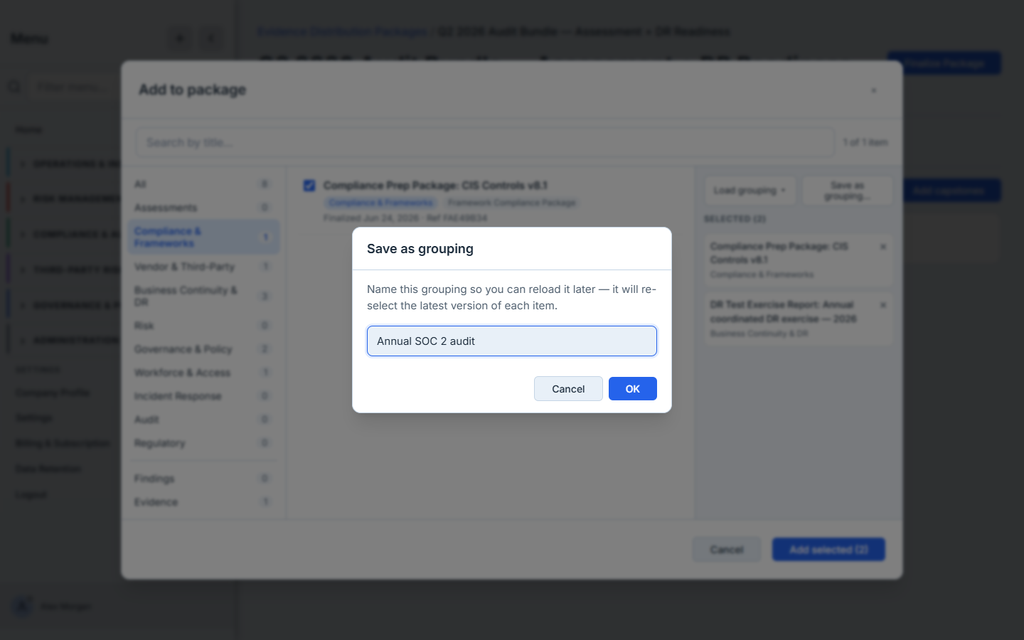 Saving the cross-domain selection as a reusable grouping — naming it "Annual SOC 2 audit" so next year's handoff re-stages the same set and pulls the latest finalized version of each.