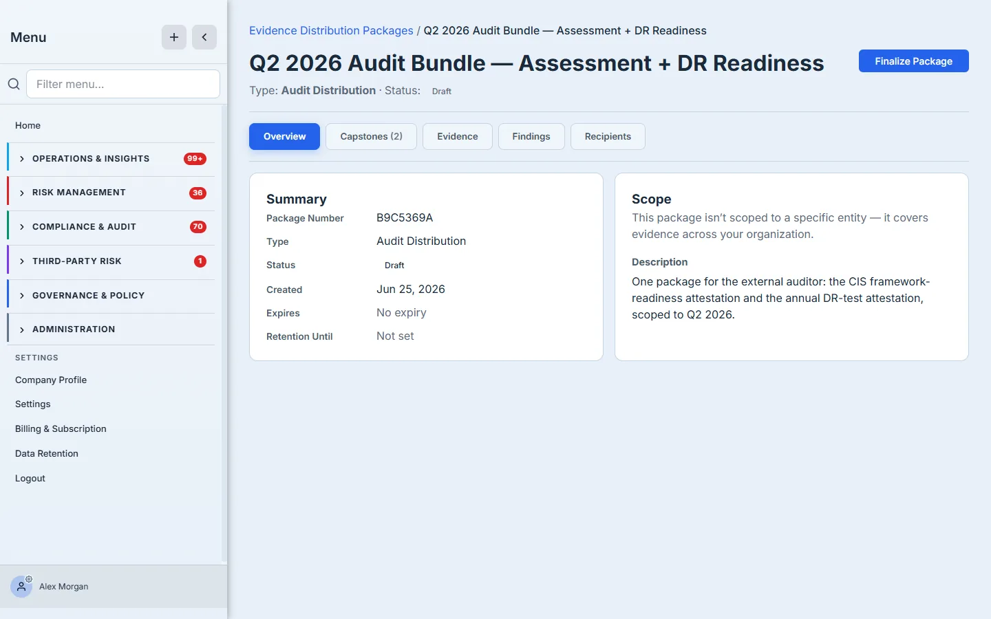 The Overview tab with the package populated — the summary card (package number, type, status, created/expiry, retention) and the scope card (entity, framework, period); the included counts show in the tab badges above (Capstones (2)), and the Distribution Packet is still un-generated.