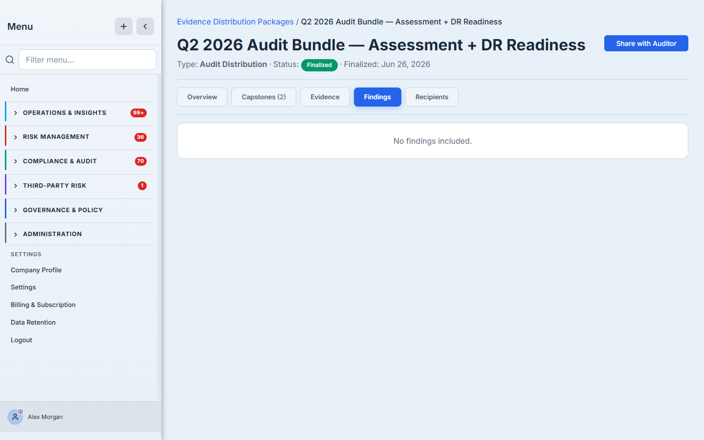 The Findings tab on a finalized package — "No findings included." A package can also carry audit findings alongside the attestations; this readiness handoff didn't include any, and the empty state says so plainly rather than leaving a blank tab.
