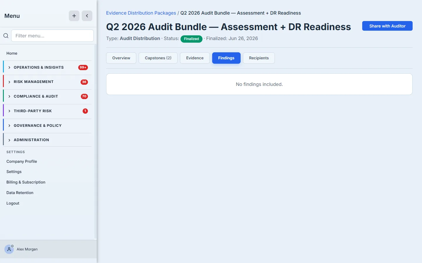 The Findings tab on a finalized package — "No findings included." A package can also carry audit findings alongside the attestations; this readiness handoff didn't include any, and the empty state says so plainly rather than leaving a blank tab.