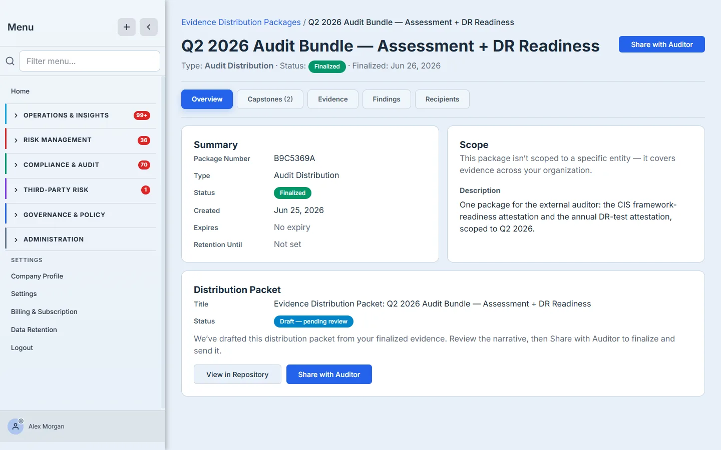 The finalized package — status badge Finalized, the frozen capstone list (Remove controls gone), and the Distribution Packet card now showing a draft packet.