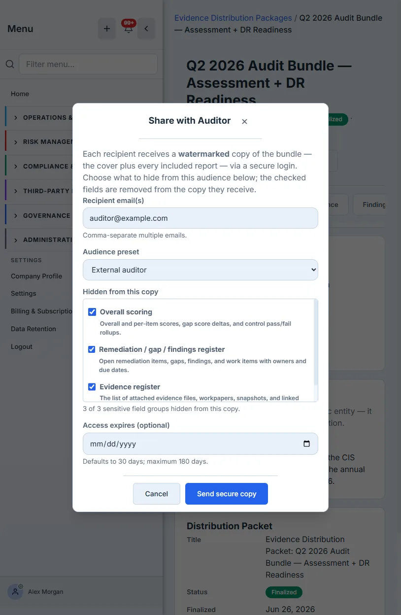 The Share-with-Auditor modal — recipient email, an audience preset, and a checklist of exactly which sensitive field groups are removed from the recipient's copy (overall scoring, remediation register, evidence register — each described and individually toggleable), with a live count ("3 of 3 sensitive field groups hidden from this copy").