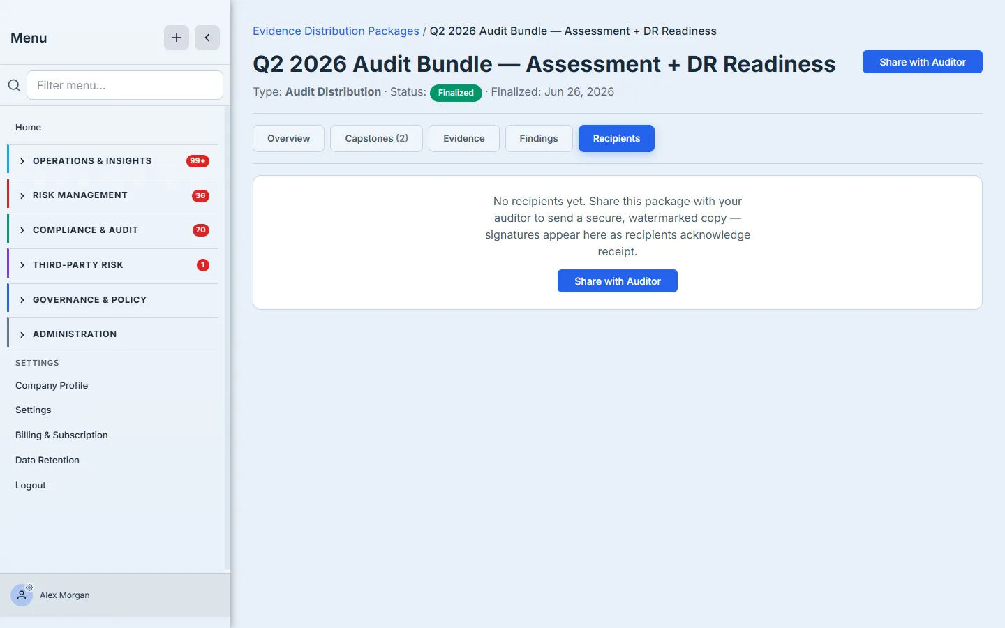 The Recipients tab before sharing — a self-explanatory empty state ("No recipients yet. Share this package with your auditor to send a secure, watermarked copy — signatures appear here as recipients acknowledge receipt"), with the Share action surfaced right where you look for it.