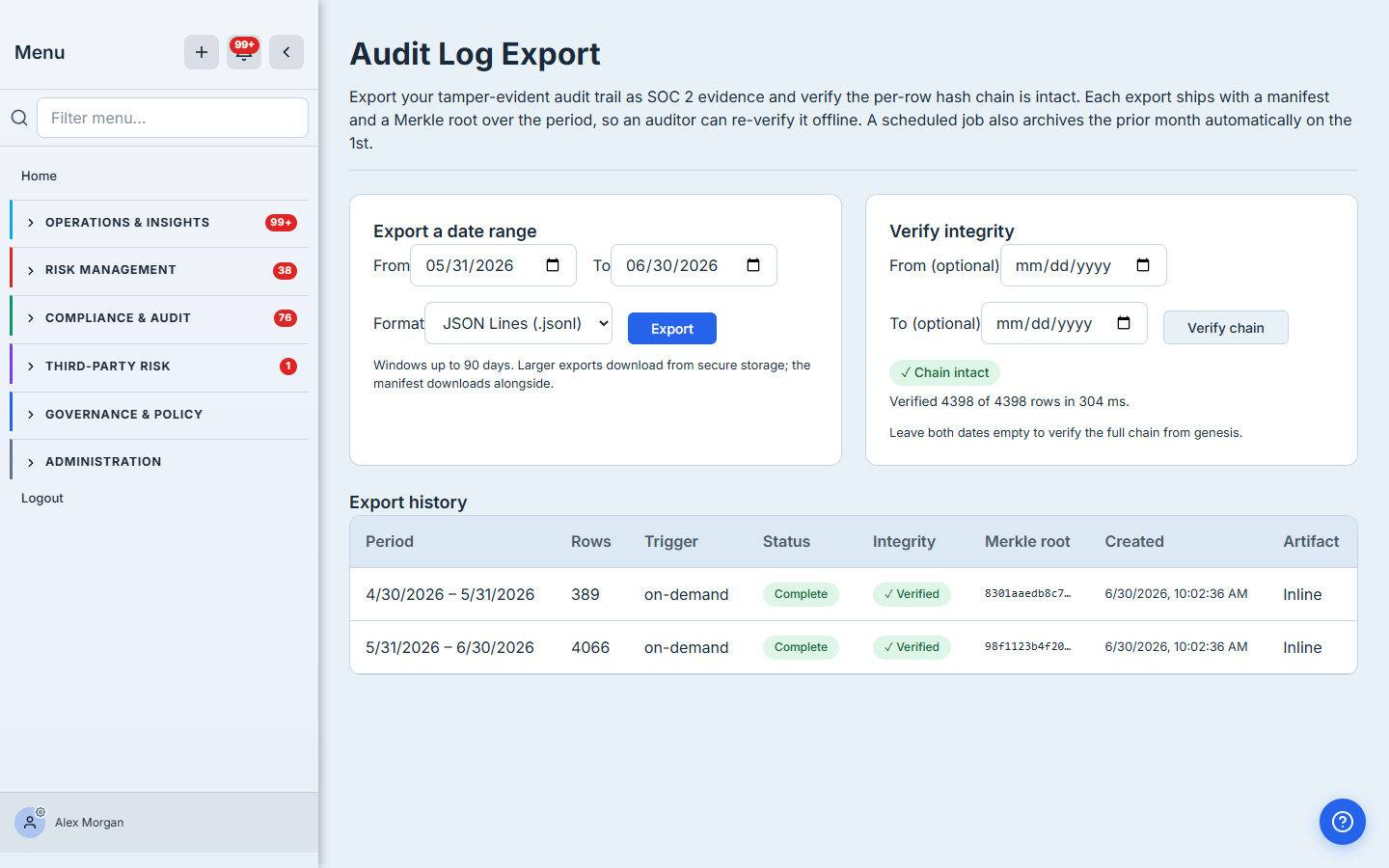 The Audit Log Export page — an Export card, a Verify-integrity card with a green "Chain intact" result, and the Export-history ledger below.