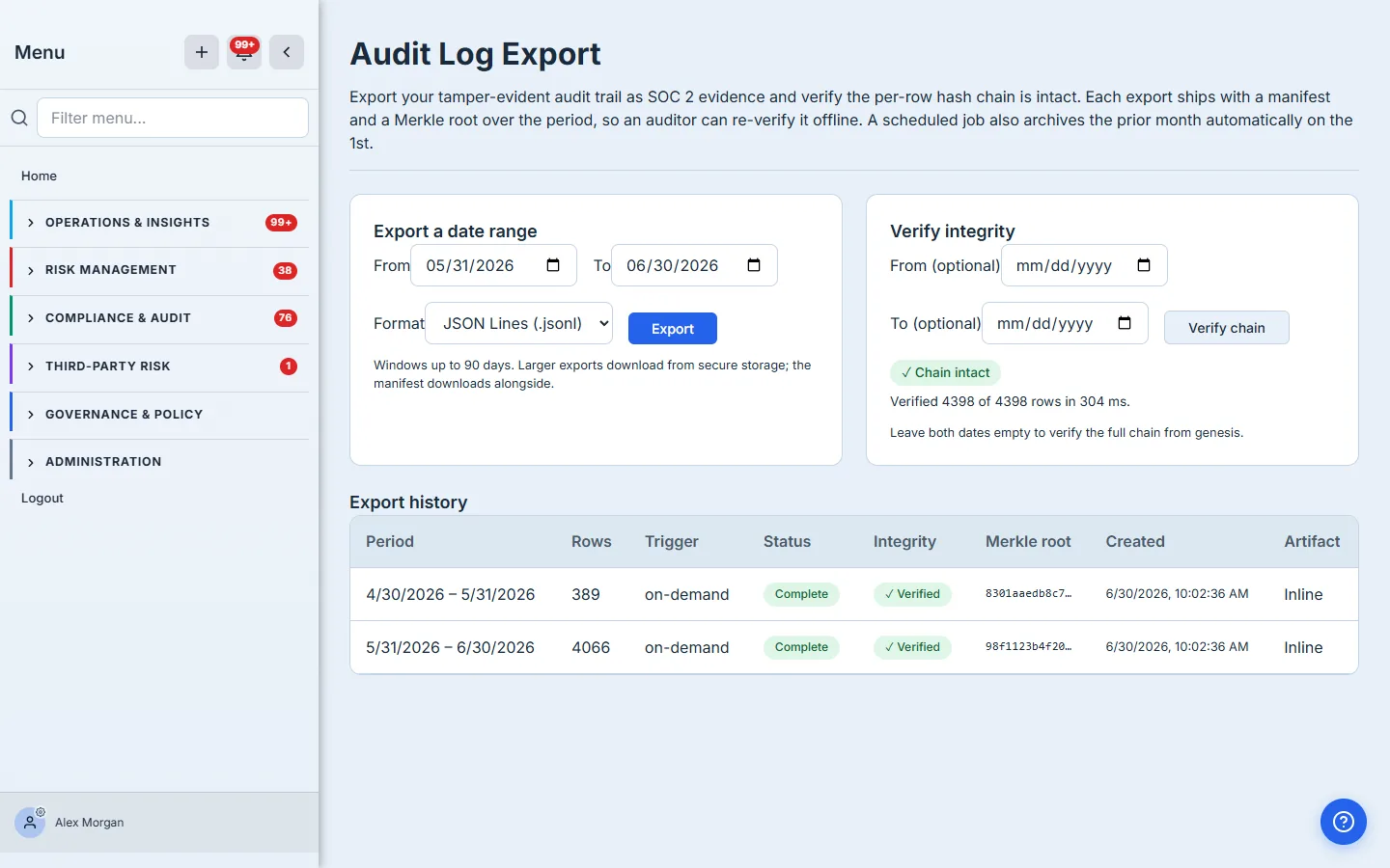 The Audit Log Export page — an Export card, a Verify-integrity card with a green "Chain intact" result, and the Export-history ledger below.