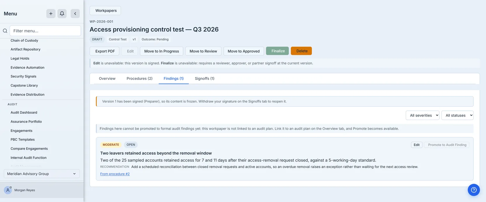 A workpaper finding: Moderate severity, Open status, the detail naming 7 and 11 days against a five-working-day standard, a recommendation, and the line "From procedure #2". A notice above the list says this version has been signed and its content is frozen, and no Add Finding button is offered — but the finding's own Edit button is still live. The Promote to Audit Finding button is greyed out, and a line above the list says why: this workpaper is not linked to an audit plan, so link it to one on the Overview tab and Promote becomes available. Beneath the button row a line names the actions that are closed and why: Edit is unavailable because this version is signed, and Finalize is unavailable because it requires a reviewer, approver or partner signoff at the current version.