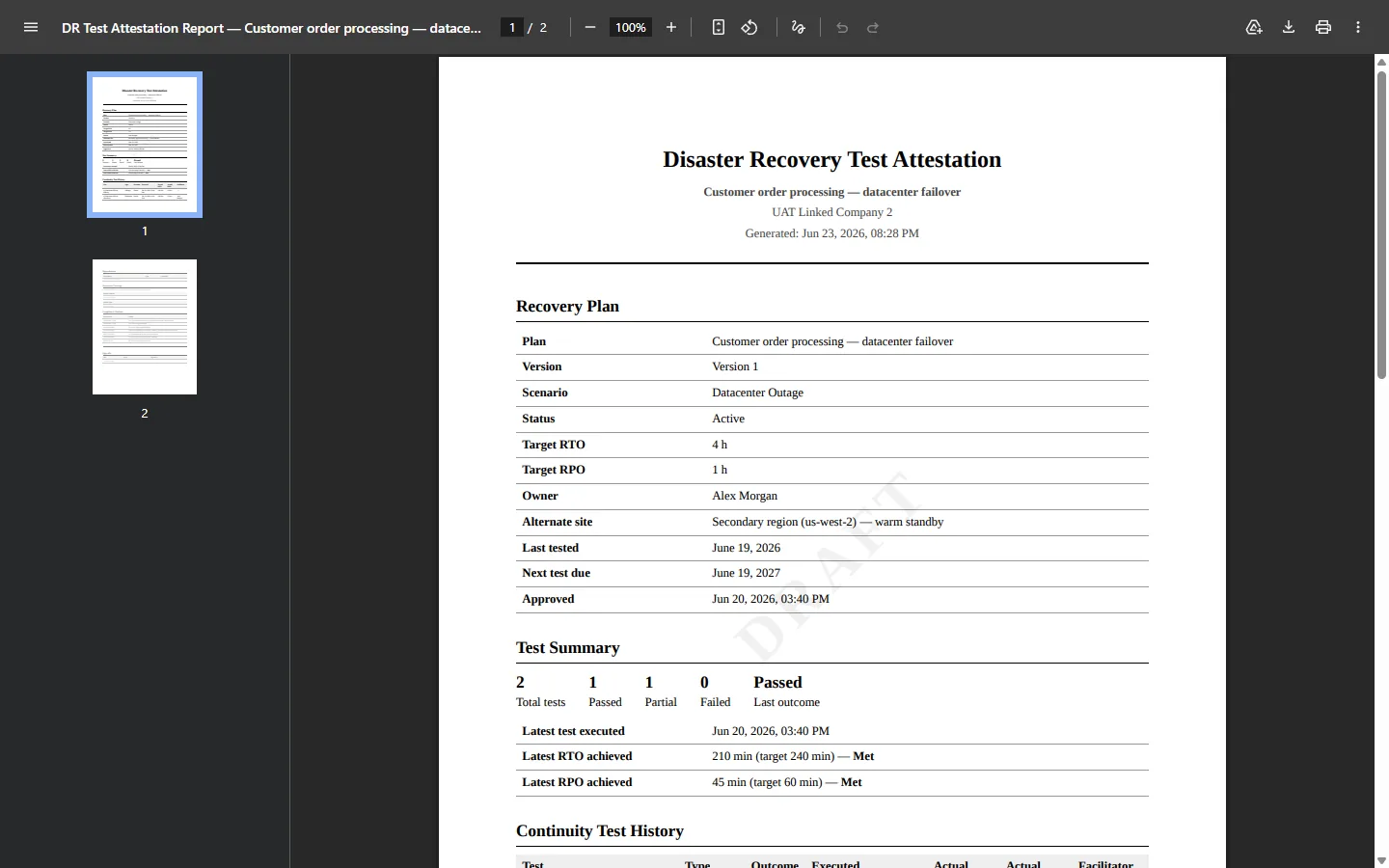 The DR Test Attestation PDF — Recovery Plan details (RTO 4h / RPO 1h, alternate site), and a Test Summary showing 210 min RTO against a 240 min target — Met.
