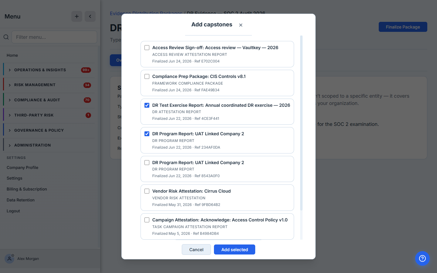 The Add-capstones picker — a checklist of finalized capstones, each with its type (DR Attestation Report, DR Program Report, Vendor Risk Attestation) and title, with two BC/DR reports selected.