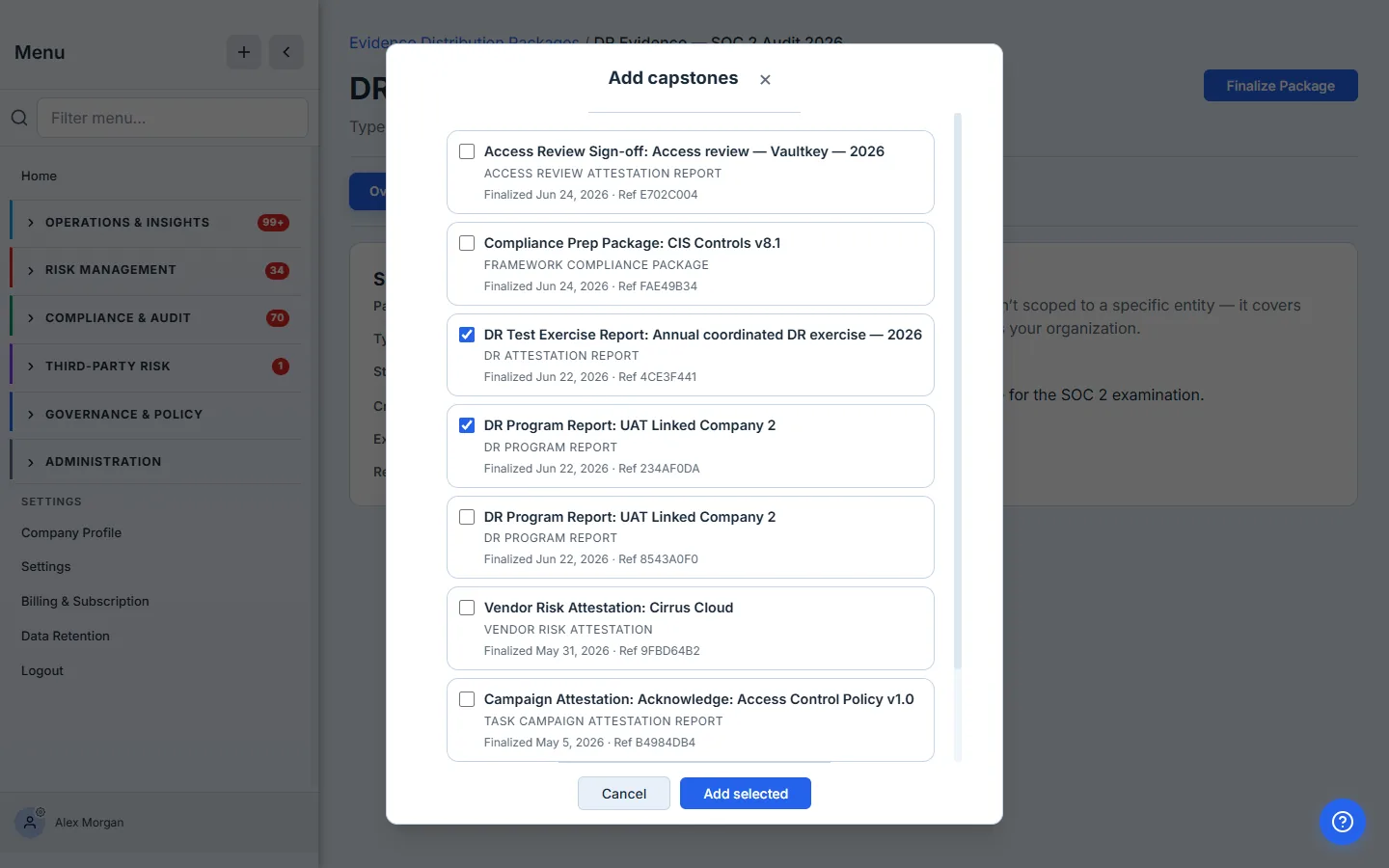 The Add-capstones picker — a checklist of finalized capstones, each with its type (DR Attestation Report, DR Program Report, Vendor Risk Attestation) and title, with two BC/DR reports selected.