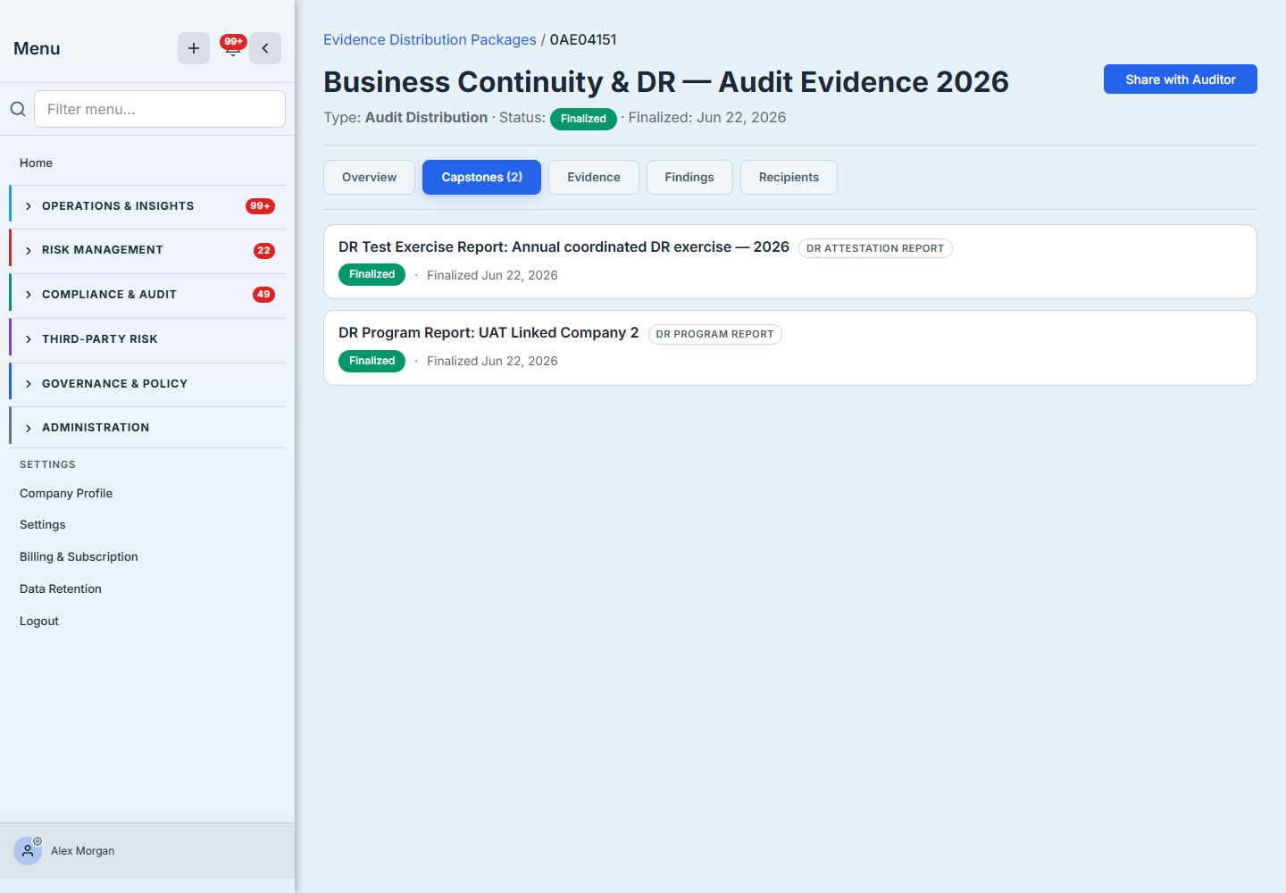 The assembled package's Capstones tab — two cards: the DR Test Exercise Report and the DR Program Report, each tagged with its type and a green Finalized badge.
