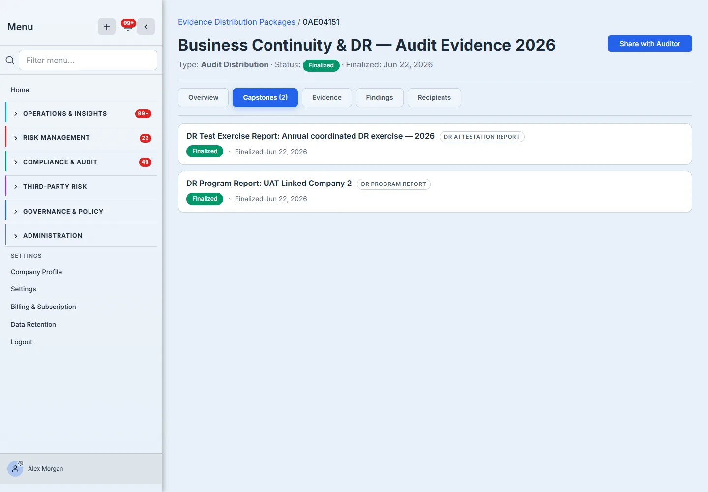 The assembled package's Capstones tab — two cards: the DR Test Exercise Report and the DR Program Report, each tagged with its type and a green Finalized badge.
