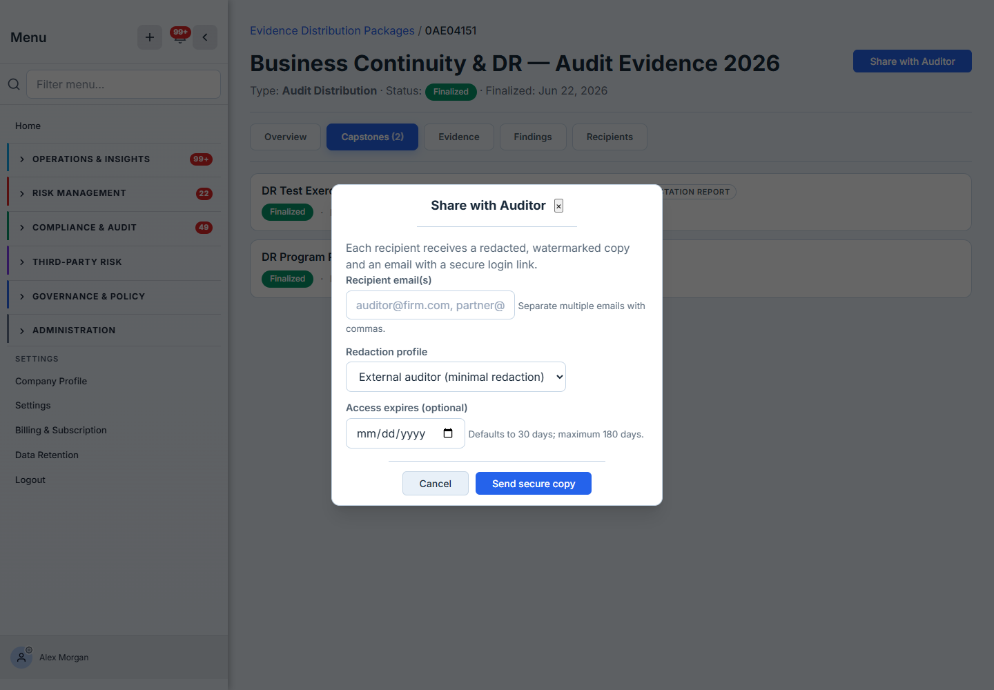 The Share with Auditor modal — recipient email field, a redaction-profile selector defaulting to External auditor, and an access-expiry date, above a Send secure copy button.
