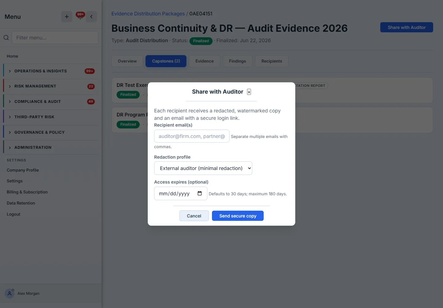The Share with Auditor modal — recipient email field, a redaction-profile selector defaulting to External auditor, and an access-expiry date, above a Send secure copy button.