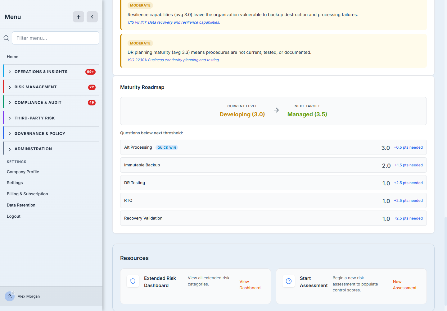 The Maturity Roadmap — Current Level "Developing (3.0)" to Next Target "Managed (3.5)", with the questions below threshold (Alt Processing 3.0 marked a Quick Win, Immutable Backup 2.0, DR Testing 1.0, RTO 1.0, Recovery Validation 1.0) and the points each needs; above it, framework-cited risk insights.