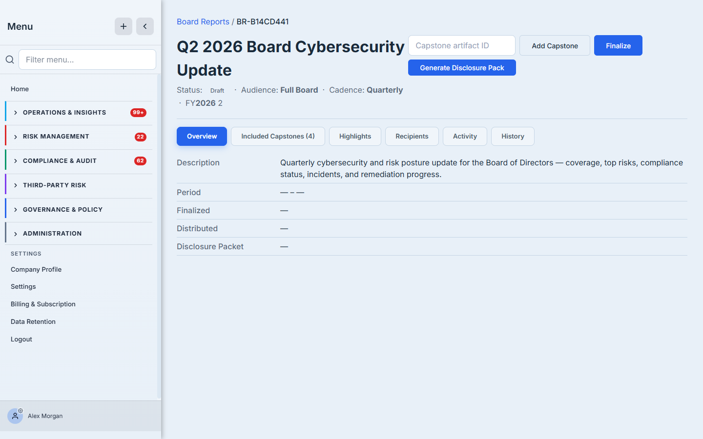 The board report's Overview in draft — Add Capstone, Finalize, and Generate Disclosure Pack actions, with the six-tab case file (Overview, Included Capstones, Highlights, Recipients, Activity, History).