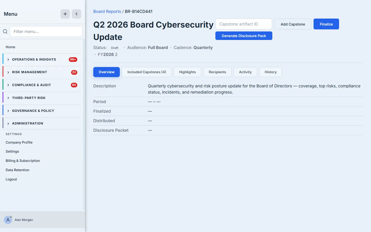 The board report's Overview in draft — Add Capstone, Finalize, and Generate Disclosure Pack actions, with the six-tab case file (Overview, Included Capstones, Highlights, Recipients, Activity, History).