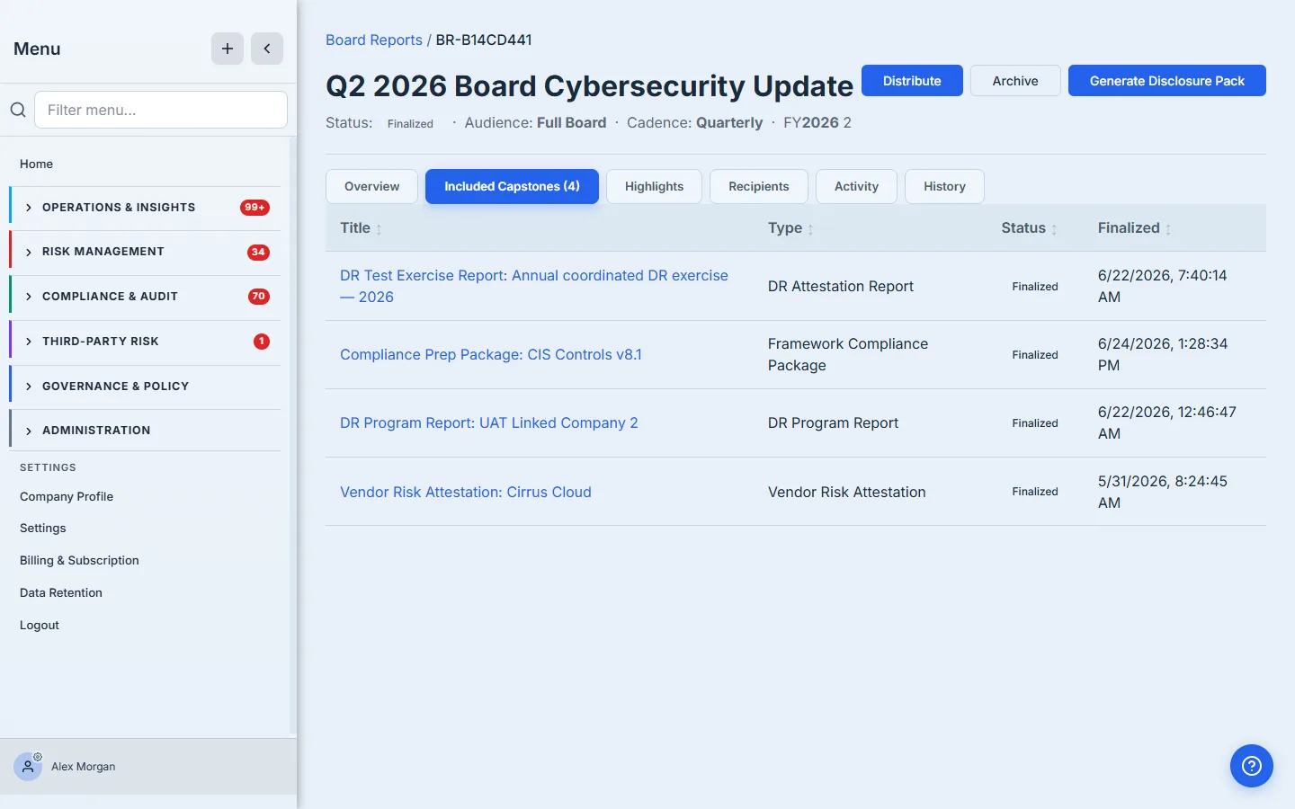 The Included Capstones tab — four capstones spanning vendor risk, disaster-recovery attestation and program, and a framework compliance package, each with type, status, and finalized date.