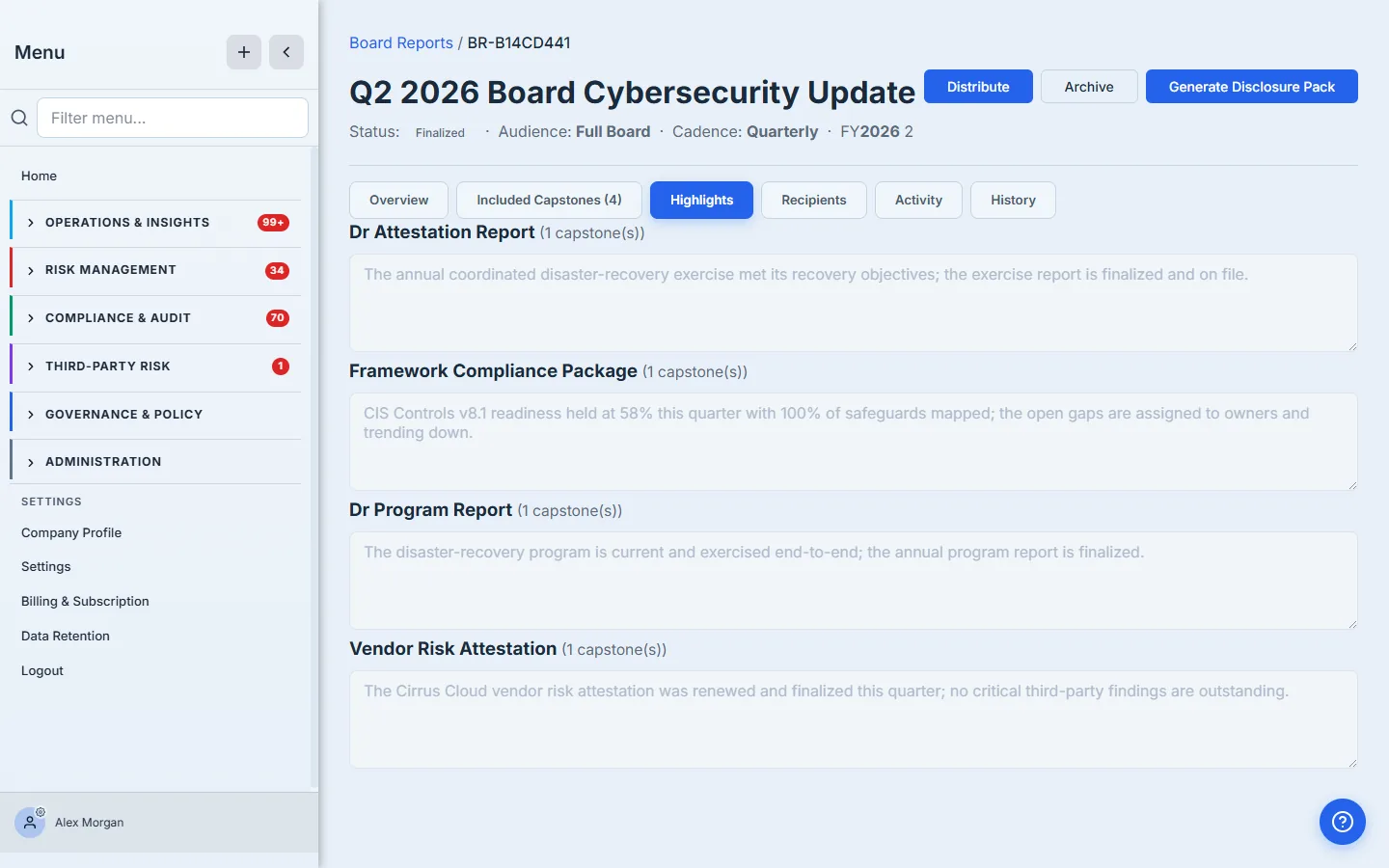 The Highlights tab — a per-category narrative box for each capstone category (Vendor Risk Attestation, DR Attestation, Framework Compliance, DR Program), each authored and saved.