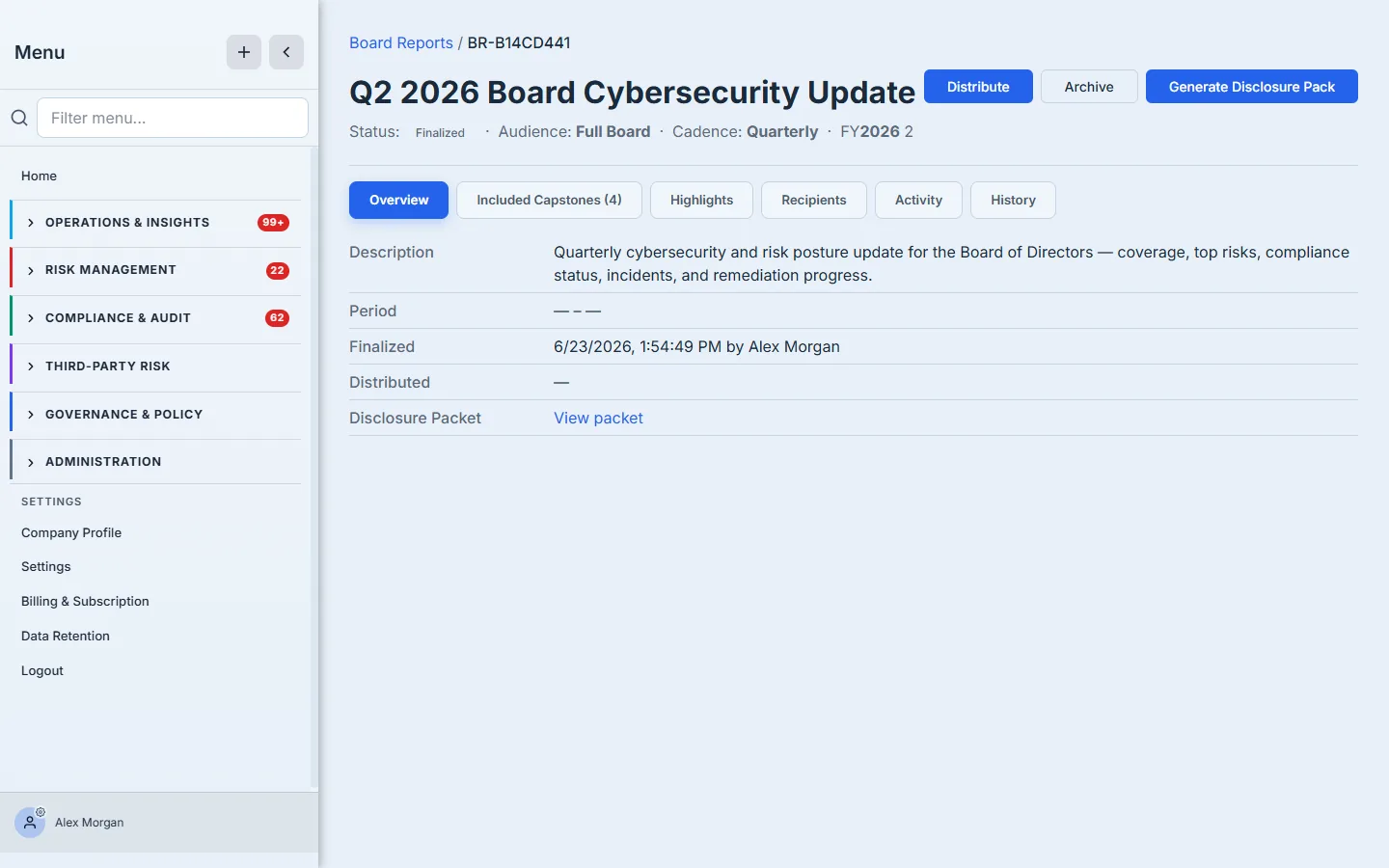 The finalized Overview — status Finalized, finalized timestamp and author, and a "View packet" link to the generated disclosure pack.