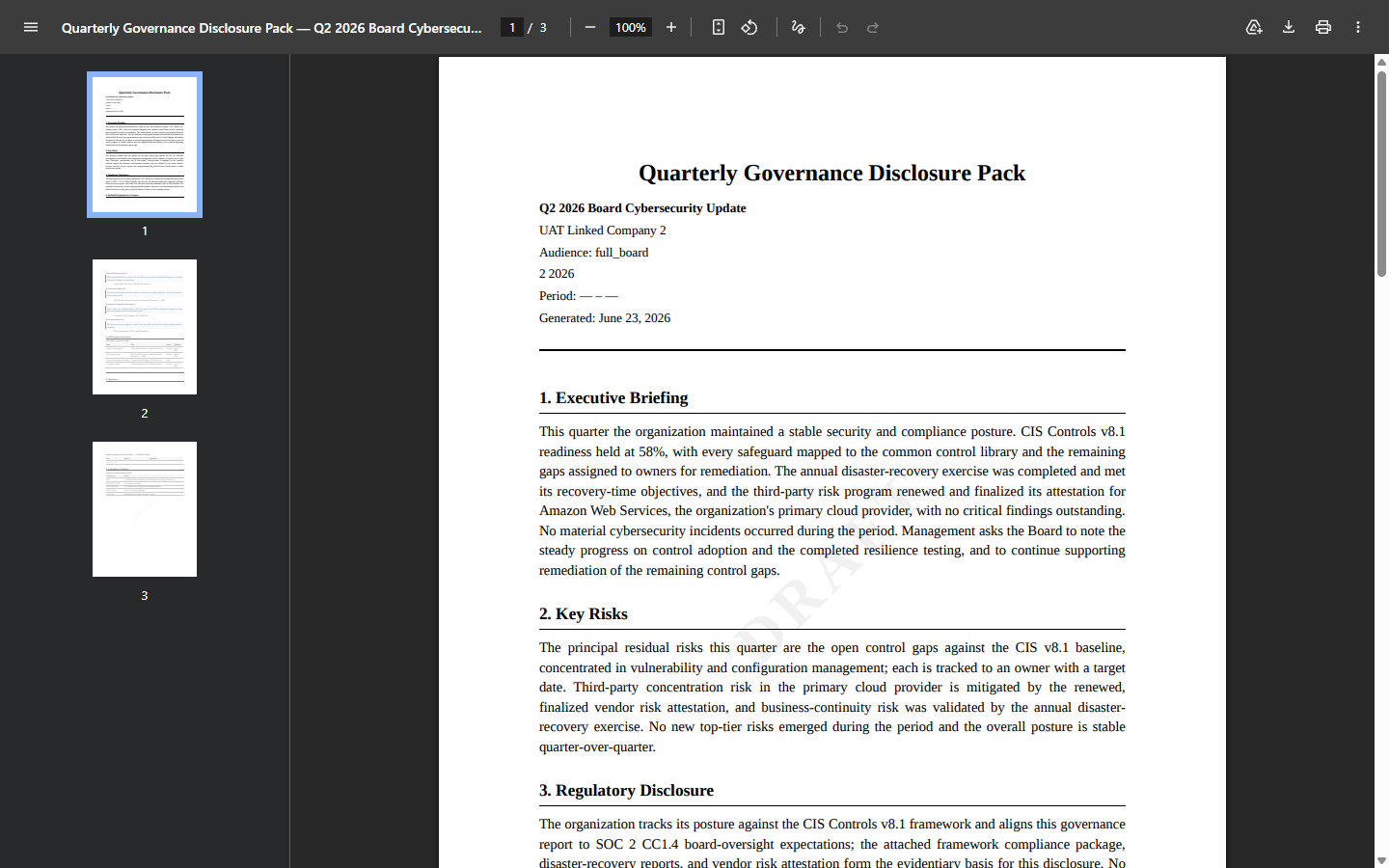 The disclosure pack PDF — cover page (title, organization, fiscal period) followed by the Executive Briefing, Key Risks, and Regulatory Disclosure narrative sections.