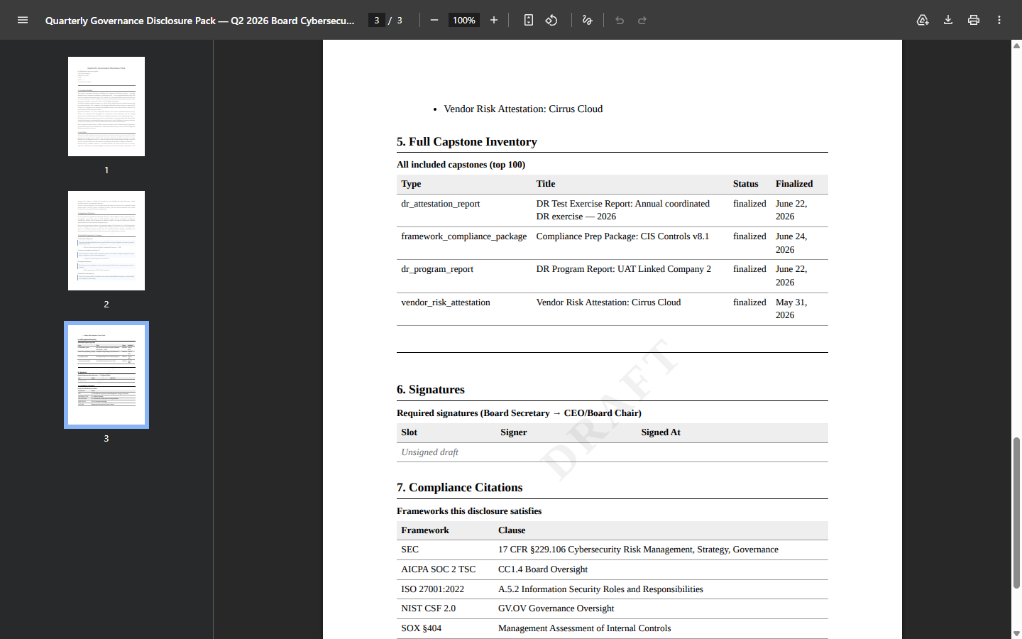 The pack's Full Capstone Inventory table and the Signatures section (Board Secretary → CEO / Board Chair), shown unsigned in draft.