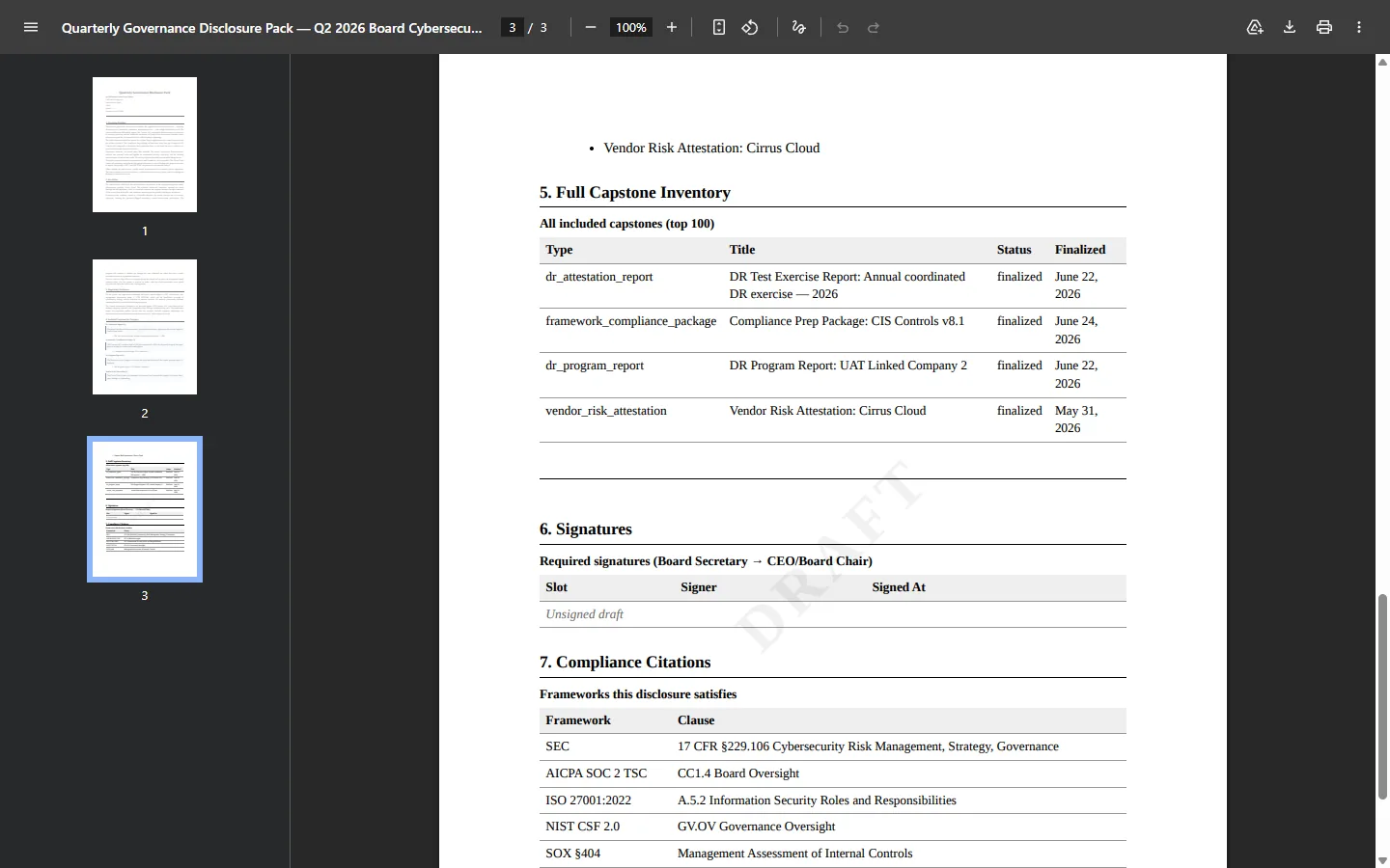 The pack's Full Capstone Inventory table and the Signatures section (Board Secretary → CEO / Board Chair), shown unsigned in draft.