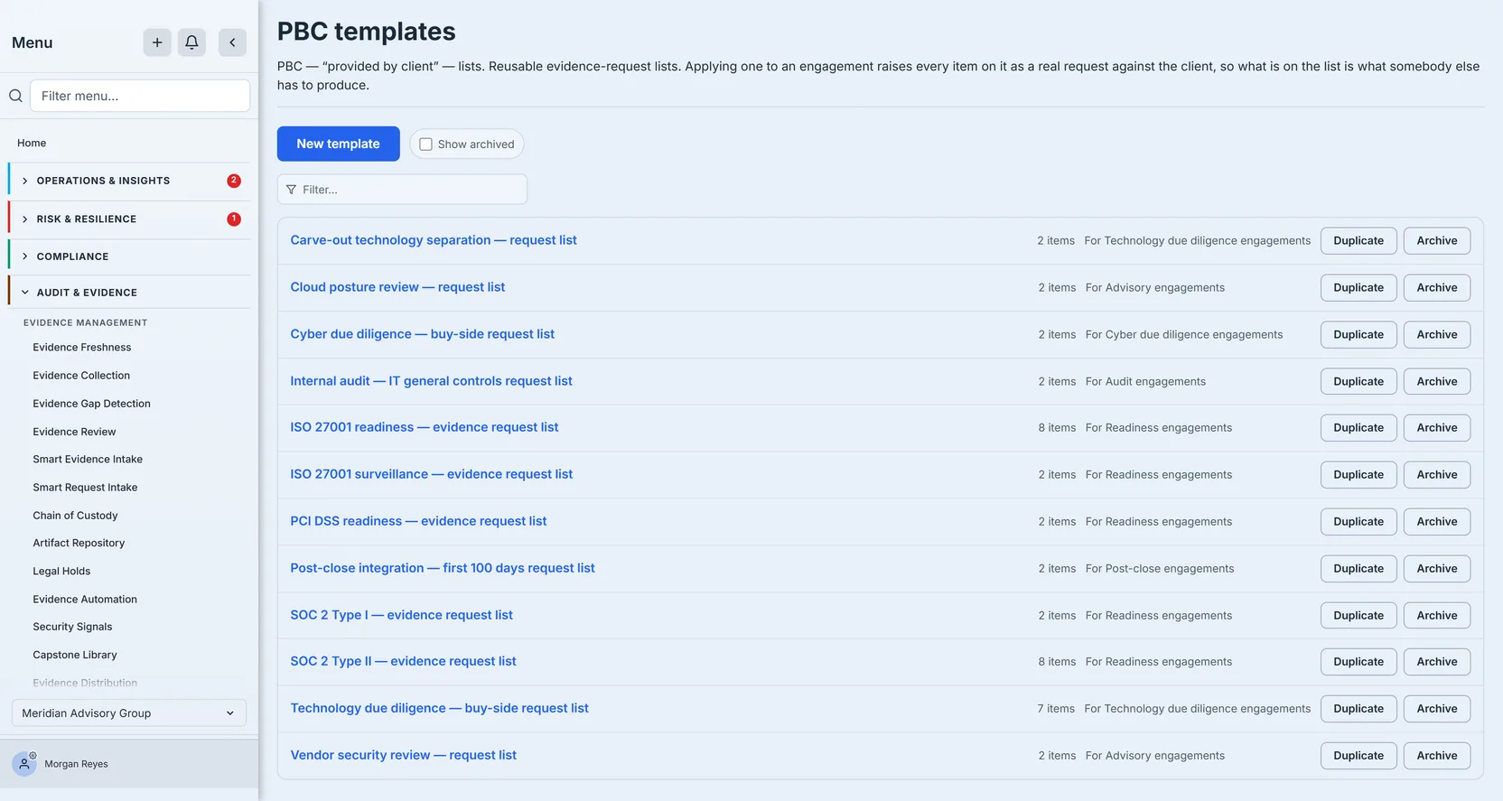 The PBC templates library: a New template button, a Show archived checkbox and a filter box above a list of templates, each row showing its name, how many requests are on it, the engagement type it is for, and Duplicate and Archive actions.
