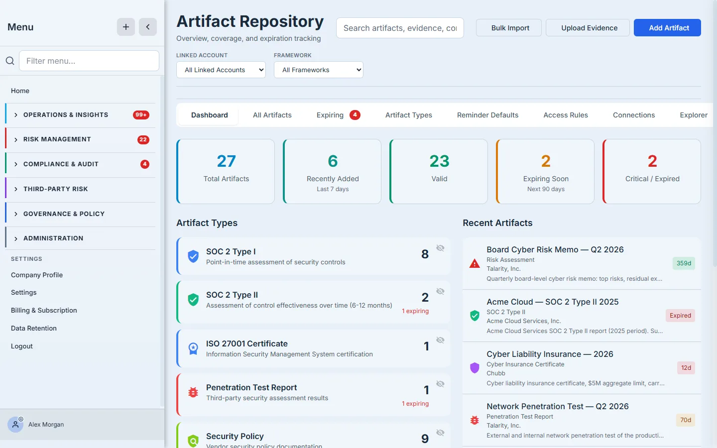 The Artifact Repository header with the Bulk Import button alongside Upload Evidence and Add Artifact.