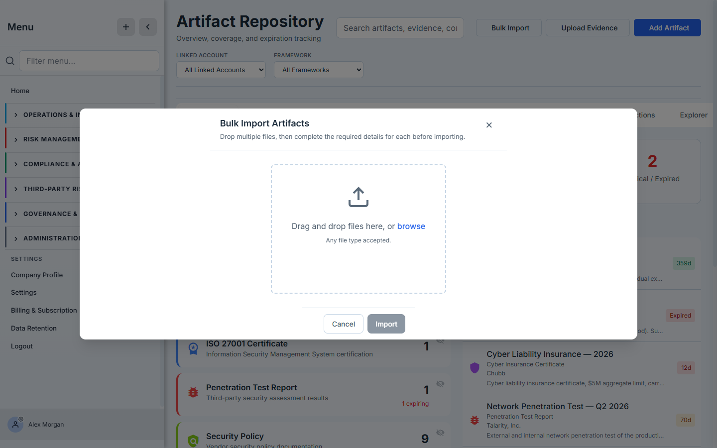 The Bulk Import dropzone — drag and drop files here, or browse.