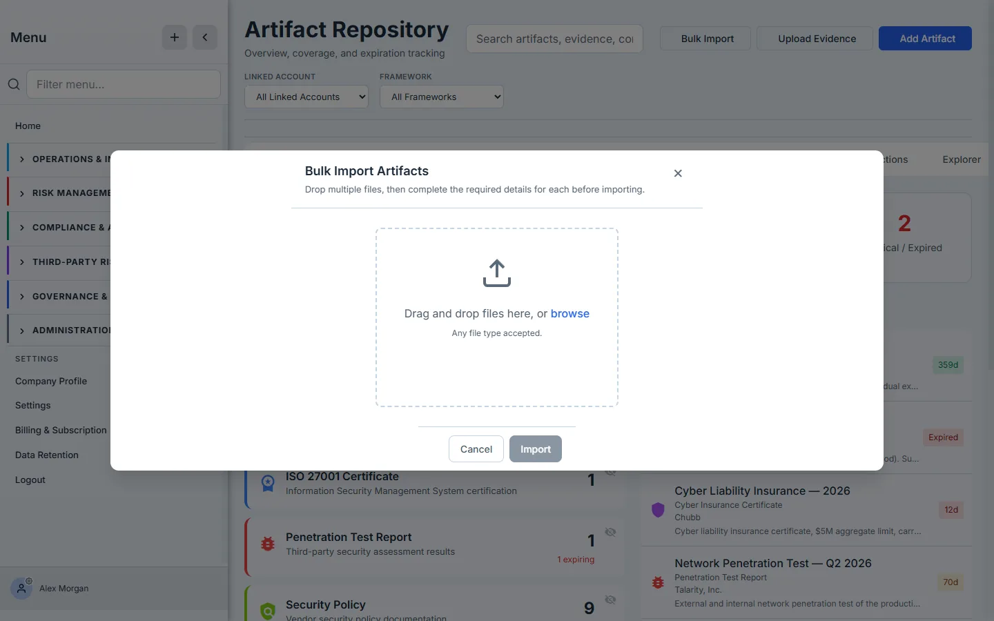 The Bulk Import dropzone — drag and drop files here, or browse.