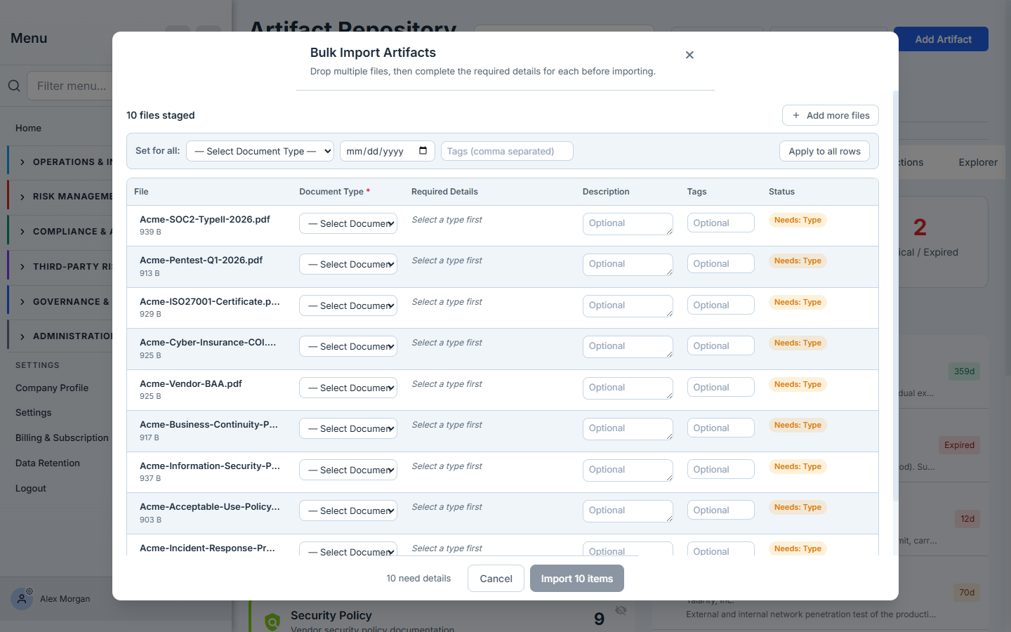 The staged grid — one row per file, each prompting for a document type.