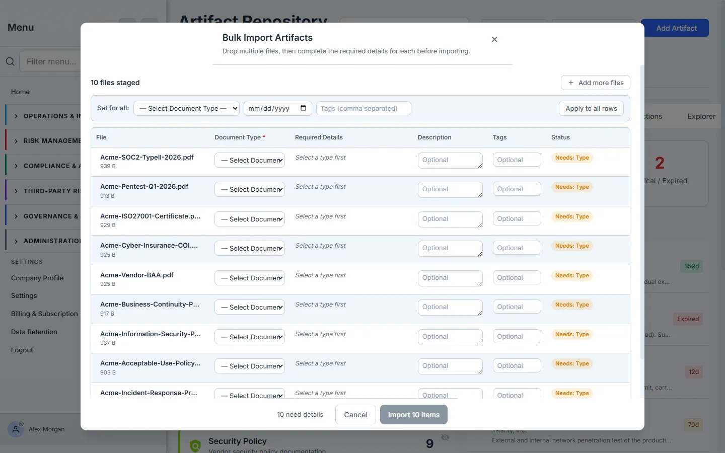 The staged grid — one row per file, each prompting for a document type.