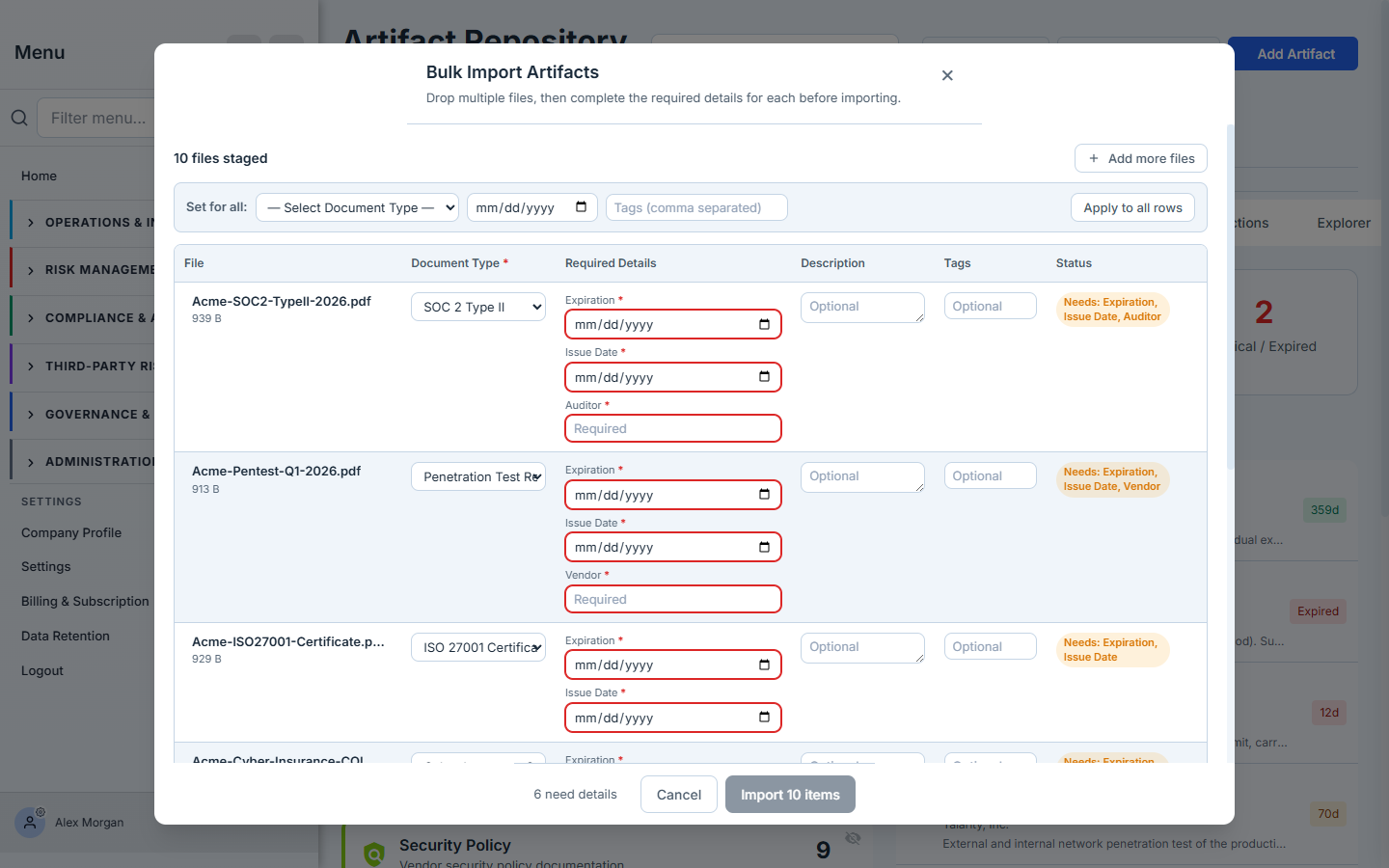 The metadata grid — SOC 2 Type II asks for Expiration, Issue Date, and Auditor; Pen Test asks for Expiration, Issue Date, and Vendor; ISO 27001 asks for Expiration and Issue Date. Required fields are red-bordered and each row's status pill names what's missing.