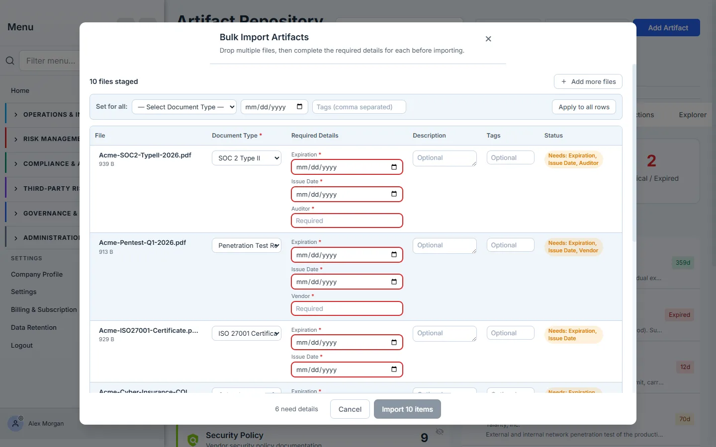 The metadata grid — SOC 2 Type II asks for Expiration, Issue Date, and Auditor; Pen Test asks for Expiration, Issue Date, and Vendor; ISO 27001 asks for Expiration and Issue Date. Required fields are red-bordered and each row's status pill names what's missing.