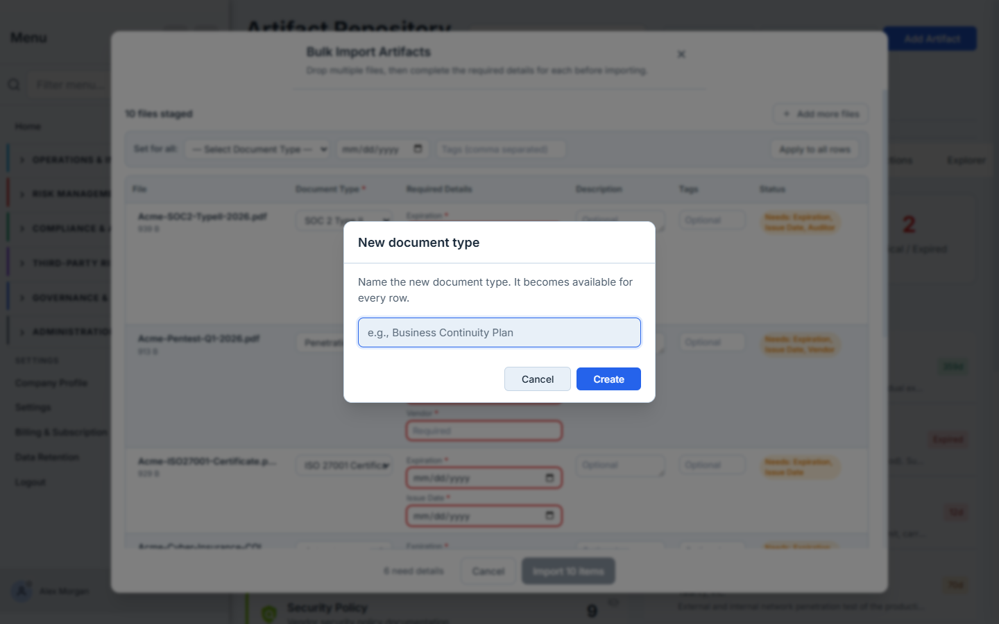 The "New document type" dialog — name a type (e.g., Business Continuity Plan) and it becomes available on every row.