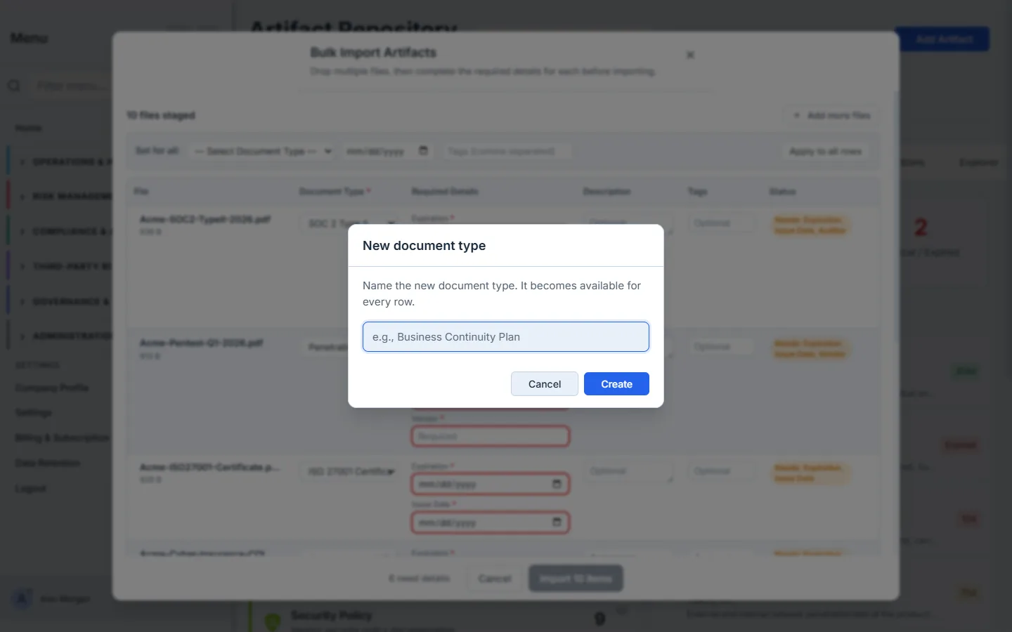 The "New document type" dialog — name a type (e.g., Business Continuity Plan) and it becomes available on every row.