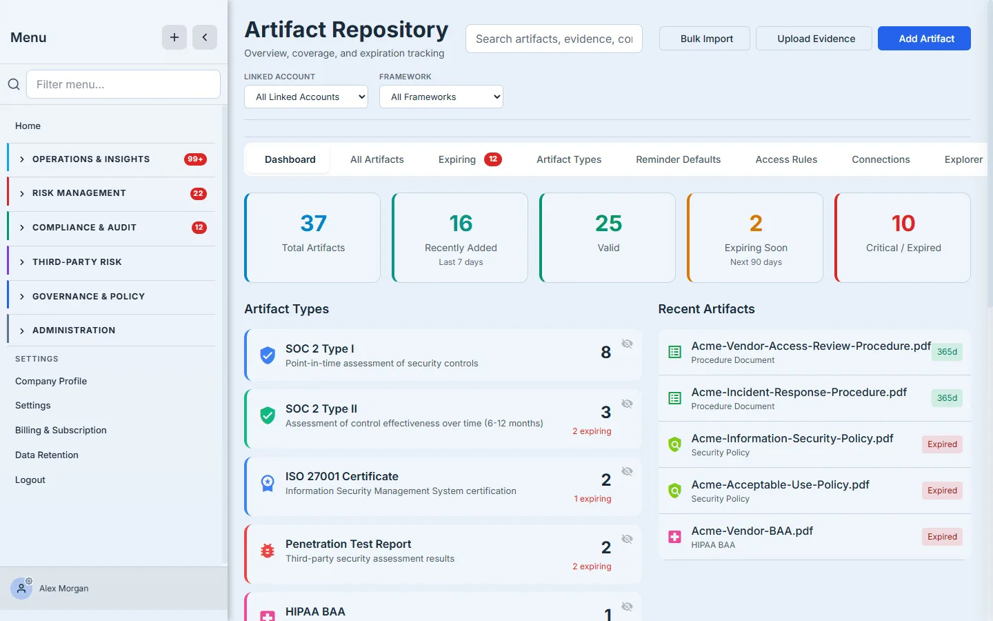 The Artifact Repository after import — the total artifact count is up and the new files (procedures, policies, BAA, and the rest) appear in Recent Artifacts.