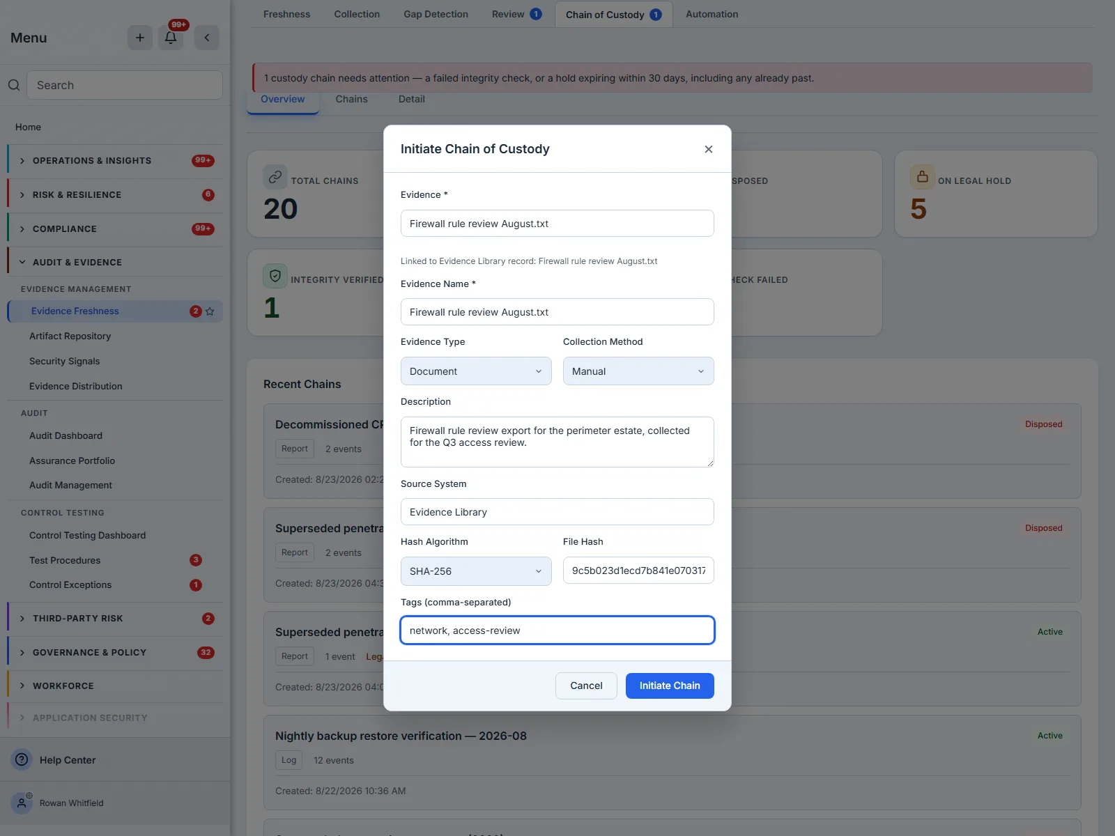 The initiate chain of custody form after a library record has been picked — the chosen record confirmed on its own line beneath the evidence field — beside the evidence type, collection method and source system fields
