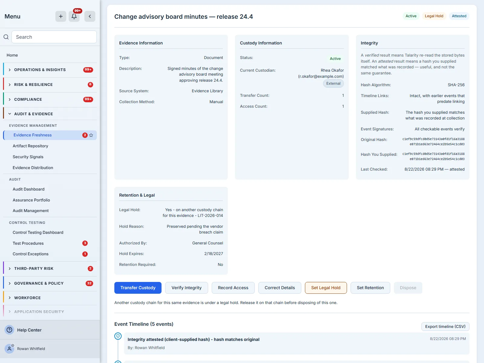 A chain detail page's panel grid: the evidence description, current custodian, status, retention and integrity panels side by side