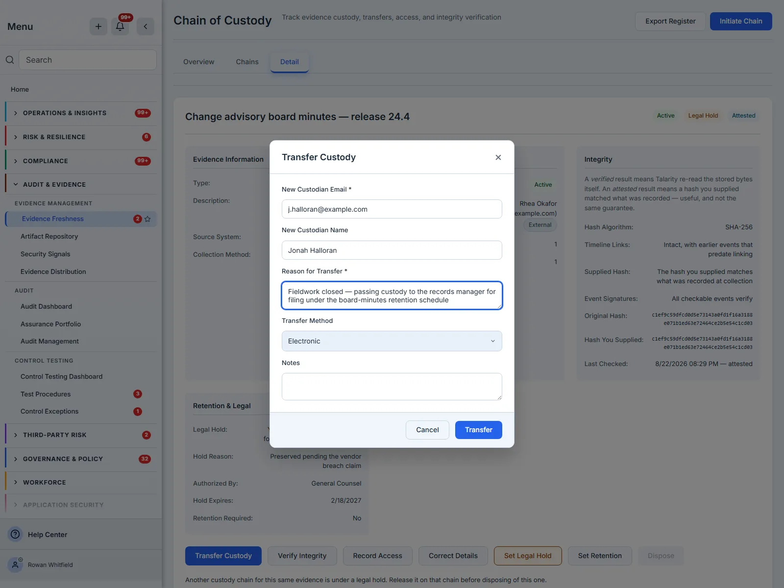 The transfer custody dialog with new custodian, reason and transfer-method fields