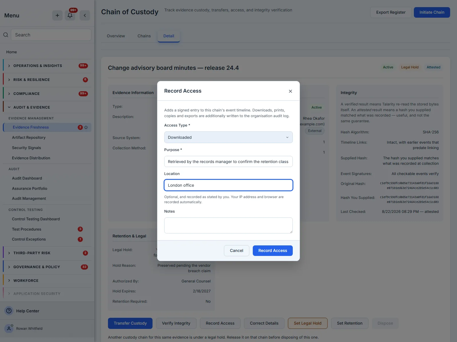 The record access dialog capturing purpose and access method