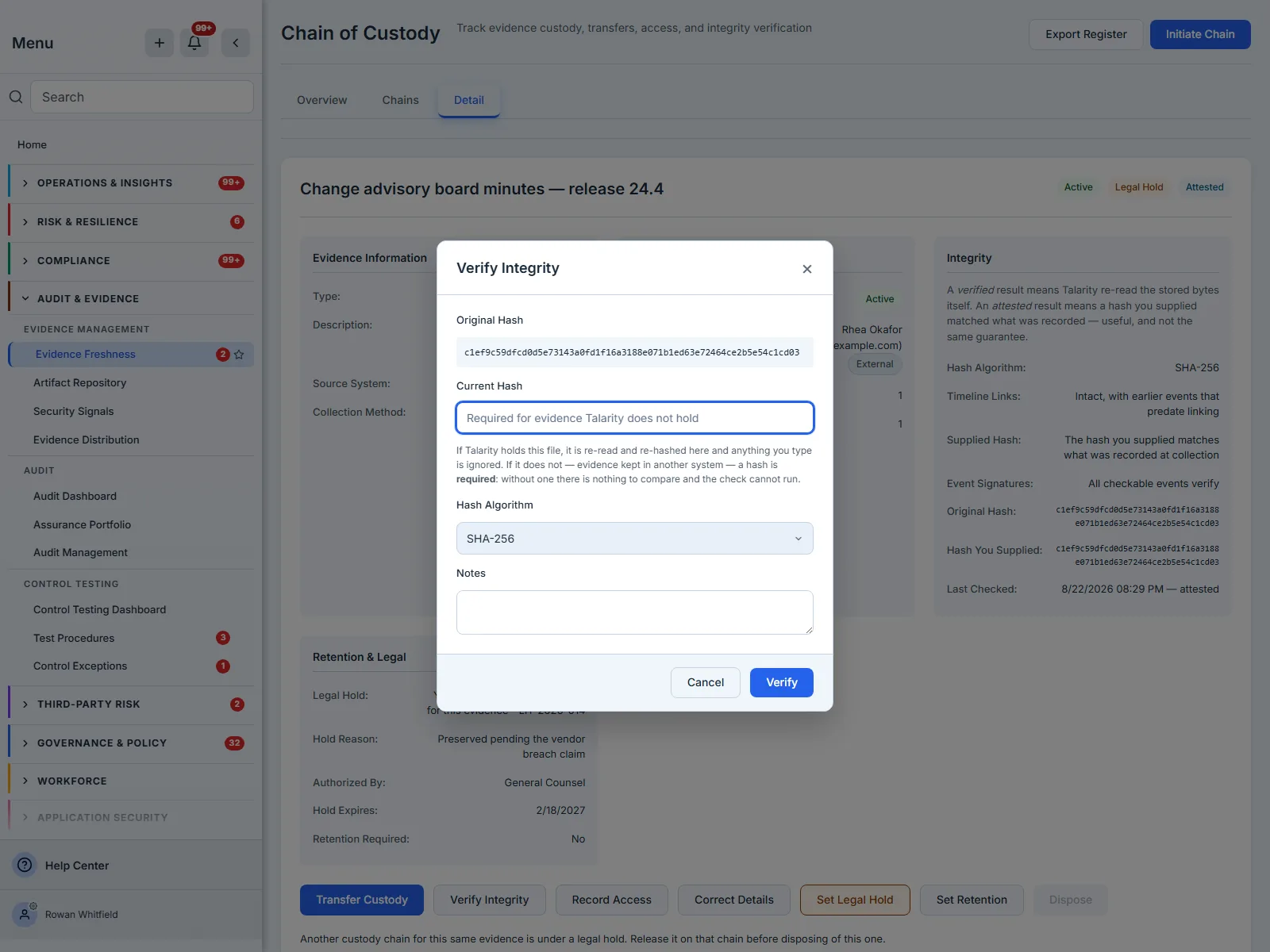 The Verify Integrity dialog on the change advisory board minutes chain, showing the hash recorded at collection, an empty hash field, and the hint stating both cases: ignored where Talarity holds the file, required where it does not