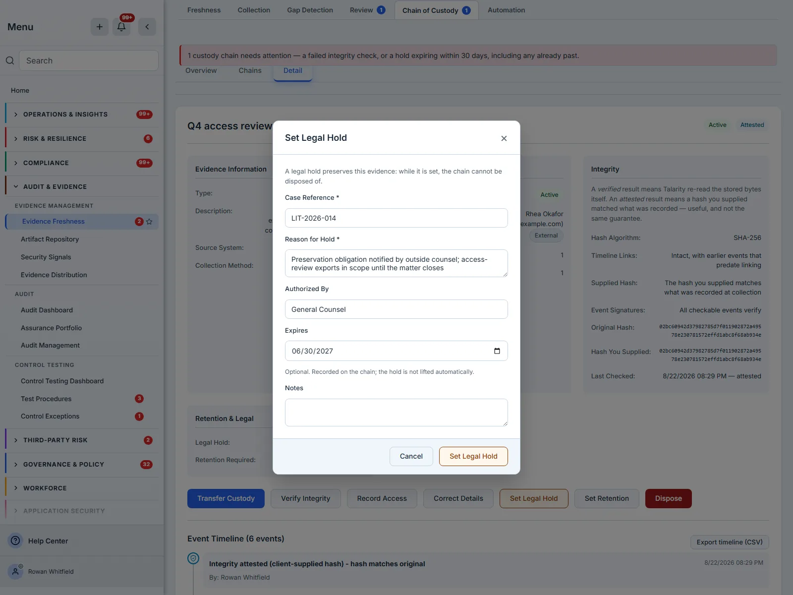 The legal hold dialog with case reference, the authorising role, and an expiry date whose hint states it is recorded on the chain and does not lift the hold
