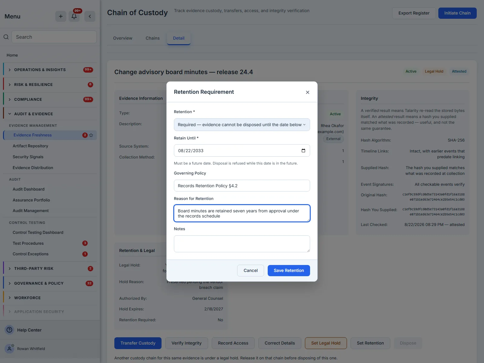 The retention dialog with retain-until date and governing policy fields