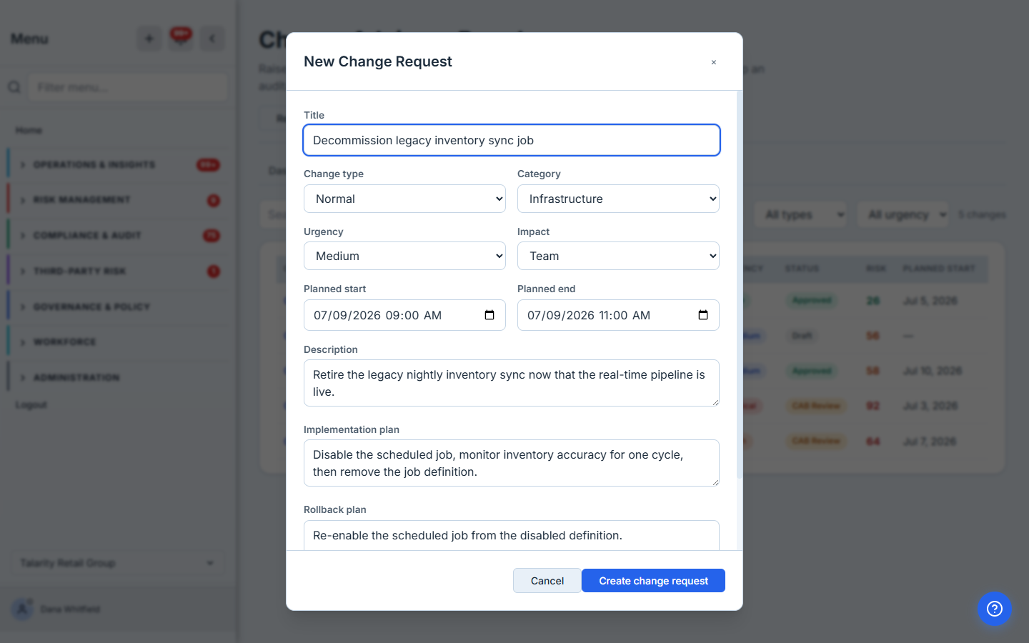 The "New Change Request" form filled in for "Decommission legacy inventory sync job": title, change type (Normal), category (Infrastructure), urgency (Medium), impact (Team), a planned start/end window, a description, an implementation plan, and a rollback plan.