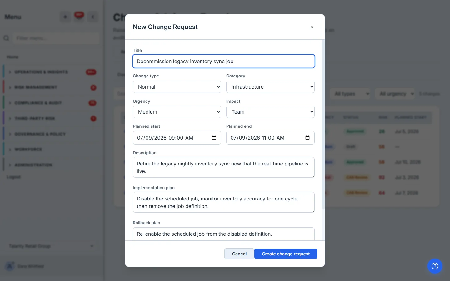 The "New Change Request" form filled in for "Decommission legacy inventory sync job": title, change type (Normal), category (Infrastructure), urgency (Medium), impact (Team), a planned start/end window, a description, an implementation plan, and a rollback plan.
