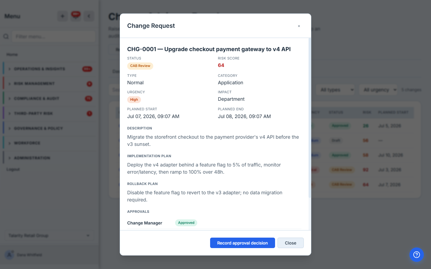 The detail drawer for CHG-0001, "Upgrade checkout payment gateway to v4 API": status CAB Review, risk score 64, type Normal, category Application, urgency High, impact Department, a planned window, the implementation and rollback plans, and an Approvals section showing the Change Manager has approved — with a "Record approval decision" action.