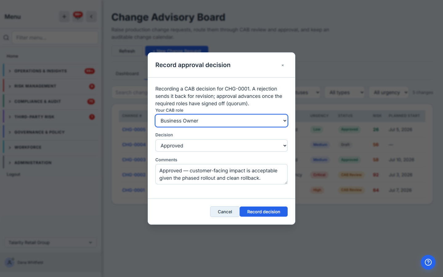 The "Record approval decision" modal for CHG-0001: an explanation that a rejection sends the change back and approval advances once the required roles sign off (quorum), a "Your CAB role" dropdown set to Business Owner, a Decision of Approved, and a comment about the phased rollout and clean rollback.